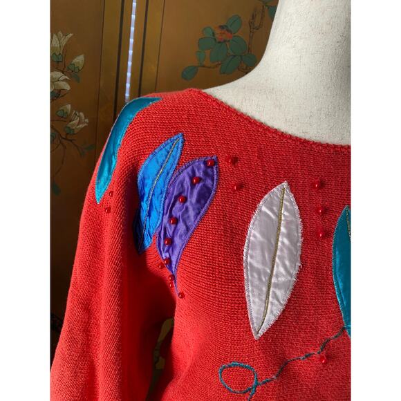 Vintage cotton blend sweater in red with embroideries, size M - Picture 4 of 7